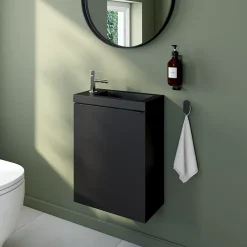 GoodHome Meuble lave-mains suspendu noir mat l.44 cm Imandra + plan vasque noir résine Beni,