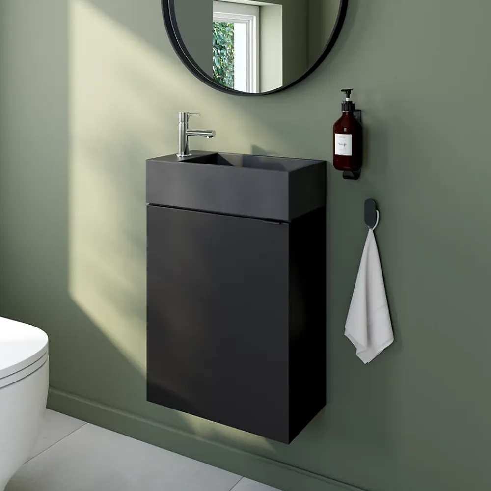Homesight Meuble lave-mains suspendu noir mat l.44 cm Imandra + plan vasque béton gris, GoodHome