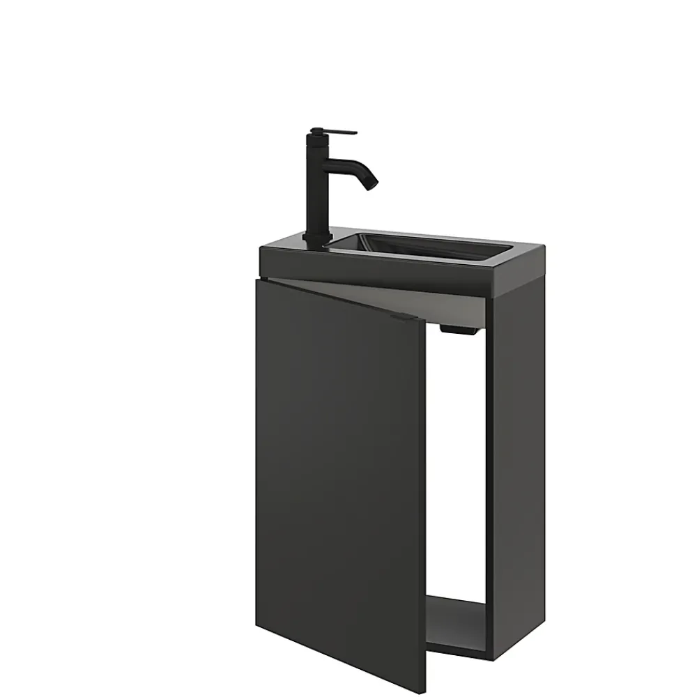 GoodHome Meuble lave-mains suspendu noir mat l.44 cm Imandra + plan vasque noir céramique Nira,