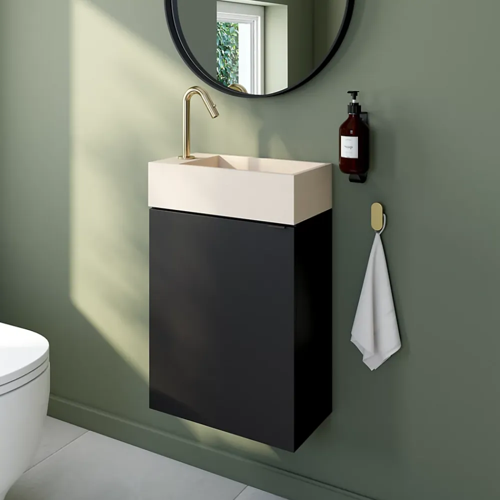 Lave-Mains|Homesight Meuble lave-mains suspendu noir mat l.44 cm Imandra + plan vasque béton beige moucheté, GoodHome