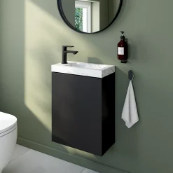 Homesight Meuble lave-mains suspendu noir mat l.44 cm Imandra + plan vasque effet marbre blanc, GoodHome
