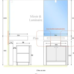 Cuisibane Meuble LEA 70 cm avec plan vasque et miroir LED ELEG Plus ht105