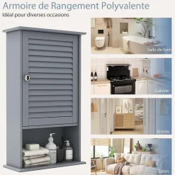 Armoire De Salle De Bains|Giantex Meuble Mural de Salle de Bain, avec Etagère Réglable,avec Porte Persienne et 1 Etagère Ouverte, 42x17x70cm (Gris)