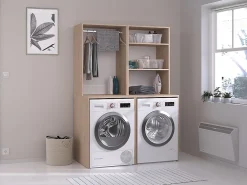 Meuble Buanderie|Vente-unique Meuble pour 2 machines à laver avec penderie et étagères - Naturel clair - H184 x L128 cm - ERKANO