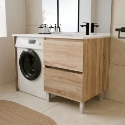 Meuble Vasque|Cuisibane Meuble pour lave-linge IDEA, plan vasque déportée 124 cm x 65 cm- Bois- Vasque à droite