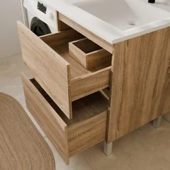 Meuble Vasque|Cuisibane Meuble pour lave-linge IDEA, plan vasque déportée 124 cm x 65 cm- Bois- Vasque à droite
