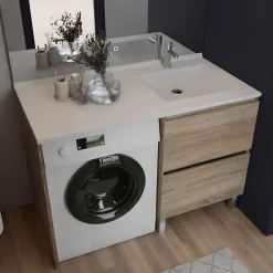 Meuble Vasque|Cuisibane Meuble pour lave-linge IDEA, plan vasque déportée 124 cm x 65 cm- Bois- Vasque à droite