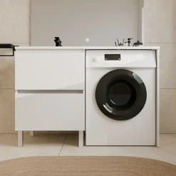 Meuble Vasque|Cuisibane Meuble pour lave-linge IDEA, plan vasque déportée 124 cm x 65 cm- Blanc- Vasque à gauche