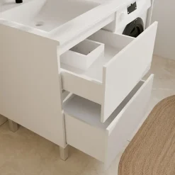 Meuble Vasque|Cuisibane Meuble pour lave-linge IDEA, plan vasque déportée 124 cm x 65 cm- Blanc- Vasque à gauche
