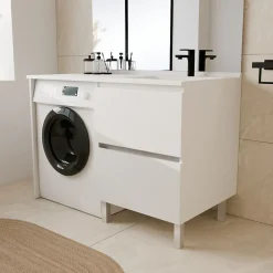 Cuisibane Meuble pour lave-linge IDEA, plan vasque déportée 124 cm x 65 cm- Blanc- Vasque à droite
