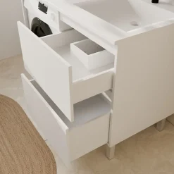 Cuisibane Meuble pour lave-linge IDEA, plan vasque déportée 124 cm x 65 cm- Blanc- Vasque à droite