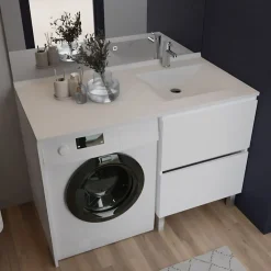 Cuisibane Meuble pour lave-linge IDEA, plan vasque déportée 124 cm x 65 cm- Blanc- Vasque à droite