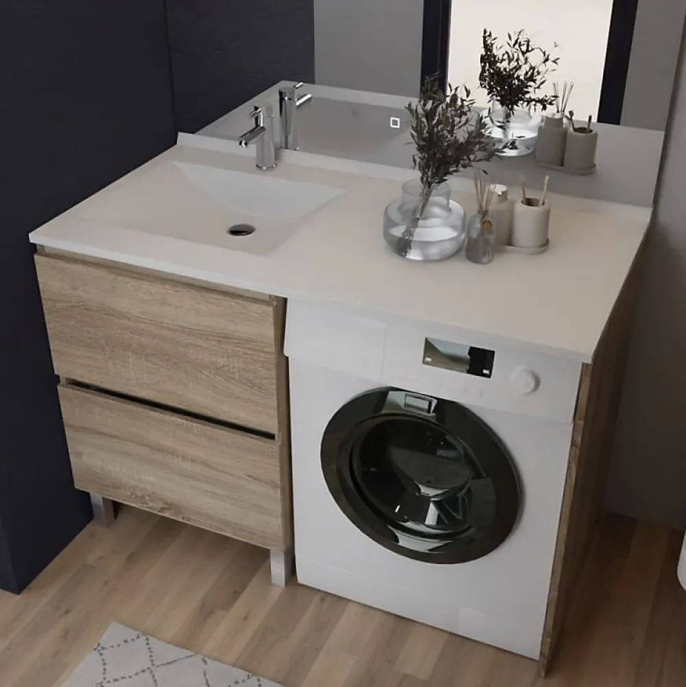 Cuisibane Meuble pour lave-linge IDEA, plan vasque déportée 124 cm x 65 cm- Bois- Vasque à gauche
