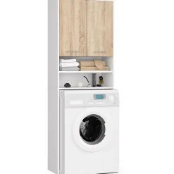 Rangement Buanderie|Meuble De Salle De Bains Faible Profondeur|Akord Furniture Factory Meuble pour machine à laver AKORD FIN Blanche 64 cm 2 portes façade Chêne Sonoma 4 étagères 64x30x180 cm