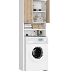 Rangement Buanderie|Meuble De Salle De Bains Faible Profondeur|Akord Furniture Factory Meuble pour machine à laver AKORD FIN Blanche 64 cm 2 portes façade Chêne Sonoma 4 étagères 64x30x180 cm