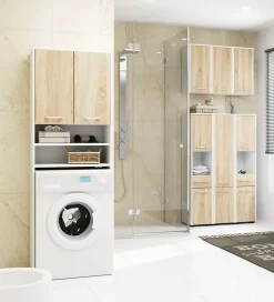 Rangement Buanderie|Meuble De Salle De Bains Faible Profondeur|Akord Furniture Factory Meuble pour machine à laver AKORD FIN Blanche 64 cm 2 portes façade Chêne Sonoma 4 étagères 64x30x180 cm