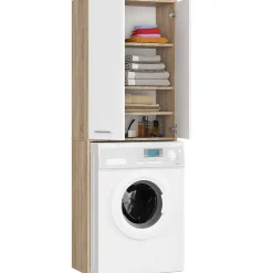 Rangement Buanderie|Akord Furniture Factory Meuble pour machine à laver AKORD FIN Chêne Sonoma 64 cm 2 portes façade Blanche 4 étagères 64x30x180 cm