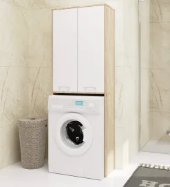 Rangement Buanderie|Akord Furniture Factory Meuble pour machine à laver AKORD FIN Chêne Sonoma 64 cm 2 portes façade Blanche 4 étagères 64x30x180 cm