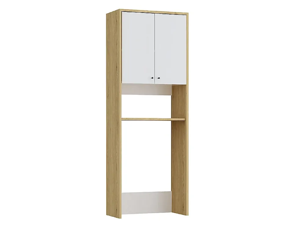 Meuble Buanderie|Vente-unique Meuble pour machine à laver avec double portes - L65 x H180 cm - Blanc et naturel clair - WORIKA