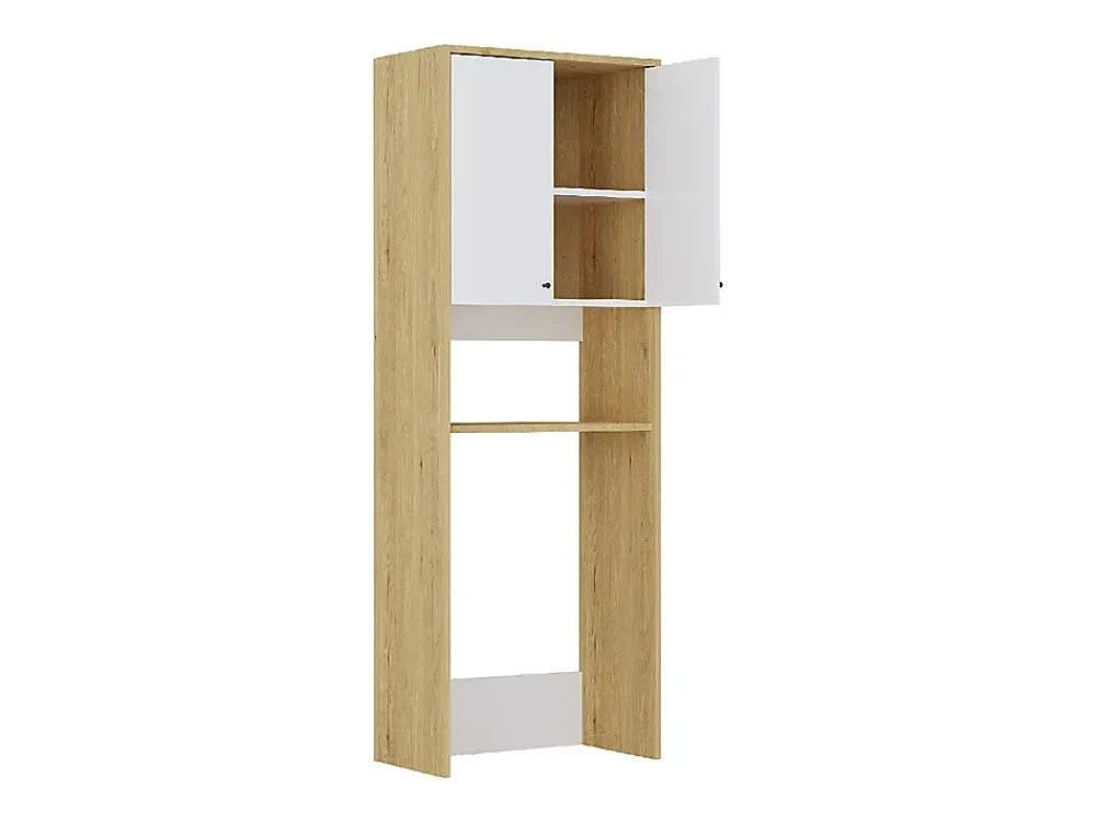 Meuble Buanderie|Vente-unique Meuble pour machine à laver avec double portes - L65 x H180 cm - Blanc et naturel clair - WORIKA