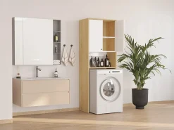 Meuble Buanderie|Vente-unique Meuble pour machine à laver avec double portes - L65 x H180 cm - Blanc et naturel clair - WORIKA