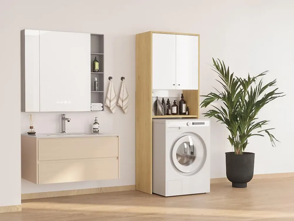 Meuble Buanderie|Vente-unique Meuble pour machine à laver avec double portes - L65 x H180 cm - Blanc et naturel clair - WORIKA