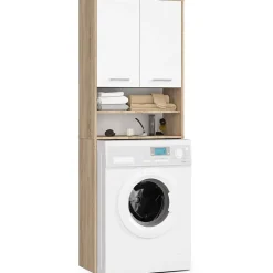 Rangement Buanderie|Meuble De Salle De Bains Faible Profondeur|Akord Furniture Factory Meuble pour machine à laver AKORD FIN Chêne Sonoma 64 cm 2 portes façade Blanche 4 étagères 64x30x180 cm