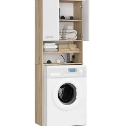 Rangement Buanderie|Meuble De Salle De Bains Faible Profondeur|Akord Furniture Factory Meuble pour machine à laver AKORD FIN Chêne Sonoma 64 cm 2 portes façade Blanche 4 étagères 64x30x180 cm