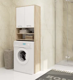 Rangement Buanderie|Meuble De Salle De Bains Faible Profondeur|Akord Furniture Factory Meuble pour machine à laver AKORD FIN Chêne Sonoma 64 cm 2 portes façade Blanche 4 étagères 64x30x180 cm