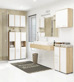 Rangement Buanderie|Meuble De Salle De Bains Faible Profondeur|Akord Furniture Factory Meuble pour machine à laver AKORD FIN Chêne Sonoma 64 cm 2 portes façade Blanche 4 étagères 64x30x180 cm