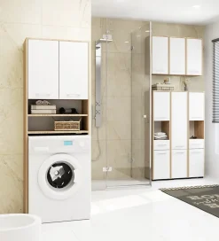 Rangement Buanderie|Meuble De Salle De Bains Faible Profondeur|Akord Furniture Factory Meuble pour machine à laver AKORD FIN Chêne Sonoma 64 cm 2 portes façade Blanche 4 étagères 64x30x180 cm