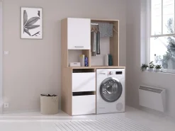 Vente-unique Meuble pour machine à laver avec penderie et placards - Naturel clair et blanc - L111 x H184 cm - ERKANO