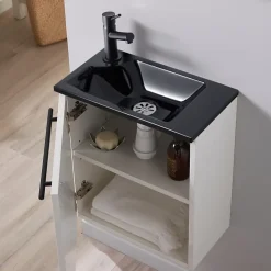 Lave-Mains|Planète Bain Meuble pour wc blanc avec lave mains design noir et mitigeur noir