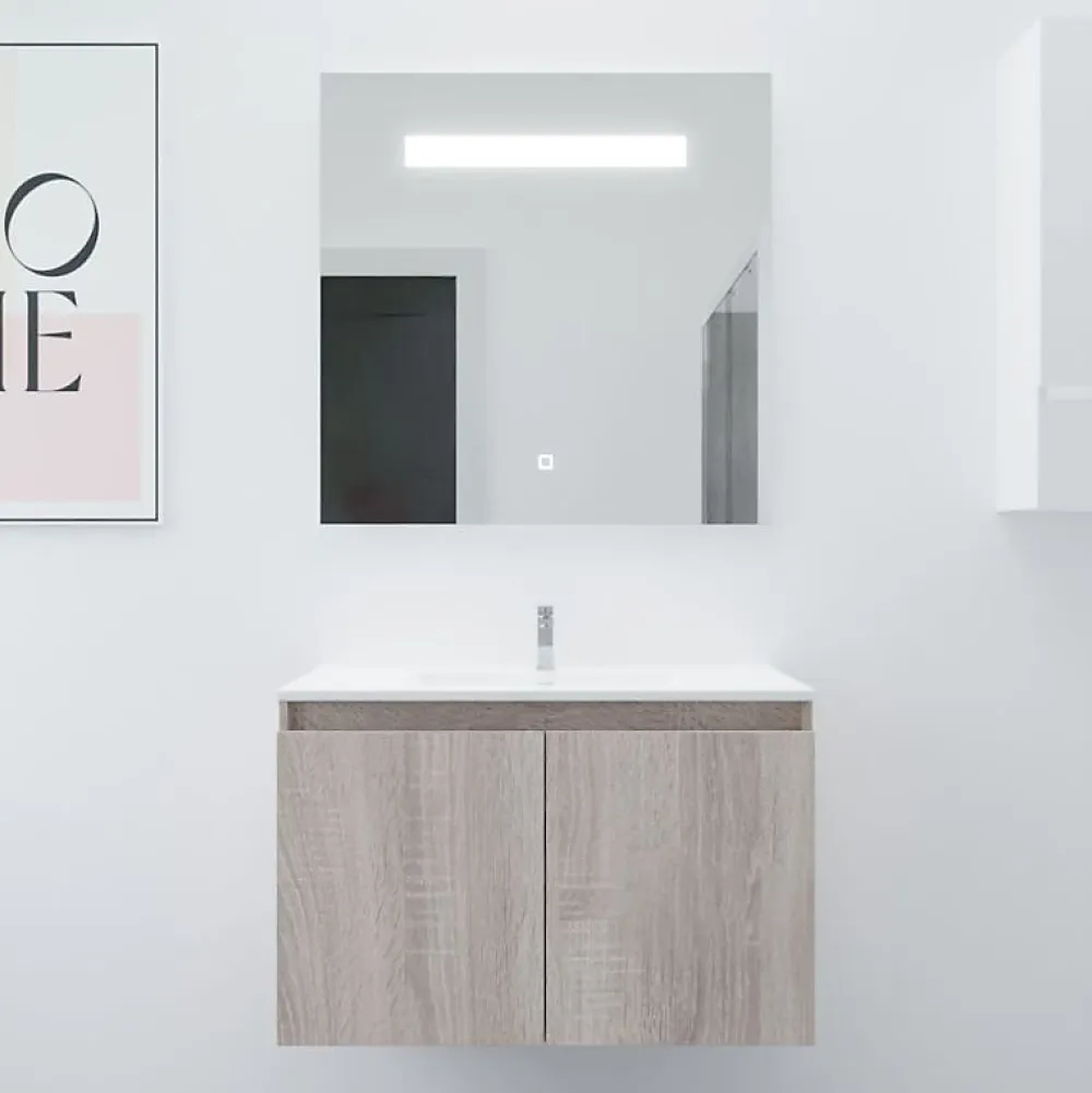 Cuisibane Meuble PROLINE 80 cm avec plan vasque et miroir Elégance ht80- Bois- Plan vasque en Céramique