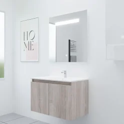 Cuisibane Meuble PROLINE 80 cm avec plan vasque et miroir Elégance ht80- Bois- Plan vasque en Céramique