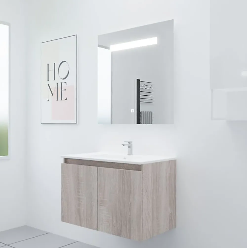 Cuisibane Meuble PROLINE 80 cm avec plan vasque et miroir Elégance ht80- Bois- Plan vasque en Céramique