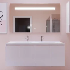 Cuisibane Meuble PROLINE 140 cm avec plan double vasque et miroir Elégance ht80- Blanc - vasque en résine