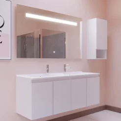 Cuisibane Meuble PROLINE 140 cm avec plan double vasque et miroir Elégance ht80- Blanc - vasque en résine
