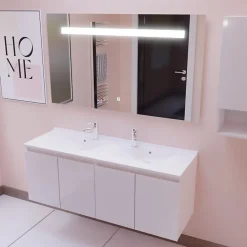 Cuisibane Meuble PROLINE 140 cm avec plan double vasque et miroir Elégance ht80- Blanc - vasque en résine