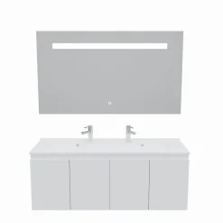Cuisibane Meuble PROLINE 140 cm avec plan double vasque et miroir Elégance ht80- Blanc - vasque en résine