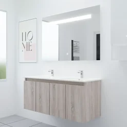Cuisibane Meuble PROLINE 120 cm avec plan double vasque et miroir Elégance ht80- Bois- Plan vasque en Céramique