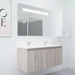 Cuisibane Meuble PROLINE 120 cm avec plan double vasque et miroir Elégance ht80- Bois- Plan vasque en Céramique
