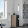 Lave-Mains|Meuble Vasque|Ondee Meuble rectangle tout en un compact H.84 x l.44 cm, noir mat, porte décor bois, Nova