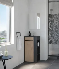 Lave-Mains|Meuble Vasque|Ondee Meuble rectangle tout en un compact H.84 x l.44 cm, noir mat, porte décor bois, Nova