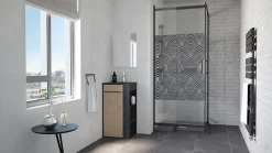 Lave-Mains|Meuble Vasque|Ondee Meuble rectangle tout en un compact H.84 x l.44 cm, noir mat, porte décor bois, Nova