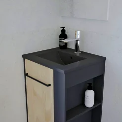 Lave-Mains|Meuble Vasque|Ondee Meuble rectangle tout en un compact H.84 x l.44 cm, noir mat, porte décor bois, Nova