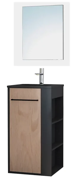Lave-Mains|Meuble Vasque|Ondee Meuble rectangle tout en un compact H.84 x l.44 cm, noir mat, porte décor bois, Nova