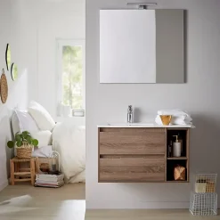 Ensemble Meuble De Salle De Bains|Planète Bain Meuble salle de bain - 80 cm - Plan décentré - Effet chêne foncé britannia - A suspendre - miroir et éclairage inclus - Venus