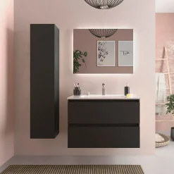 Planète Bain Meuble salle de bain - 80 cm - Avec plan vasque - Noir mat - A suspendre - KARAIB