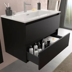 Planète Bain Meuble salle de bain - 80 cm - Avec plan vasque - Noir mat - A suspendre - KARAIB